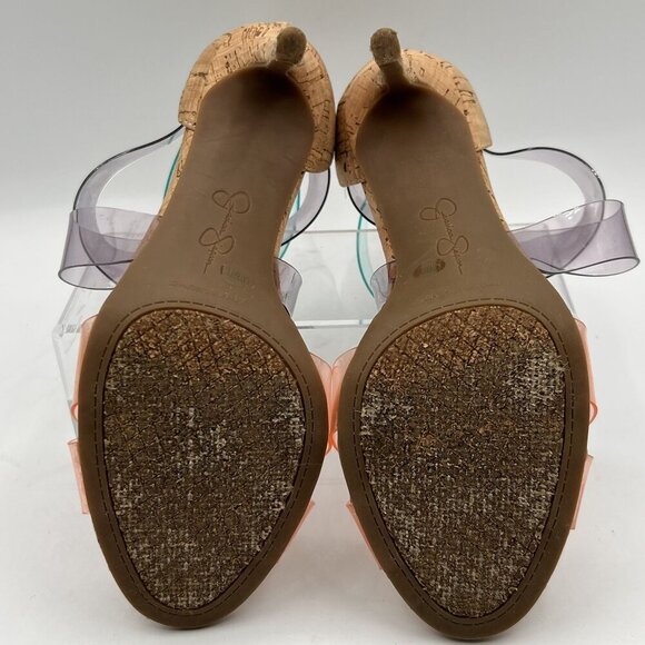 Jessica Simpson 8M Cork Clear Strap Heels Multicolor Stiletto Sandals Cocktail - Picture 13 of 14